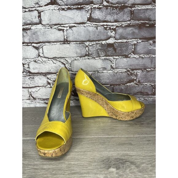 Bottero Yellow Patent Leather Peep Toe Platform Cork Wedge Sandals Women Sz 37EU - Picture 9 of 16